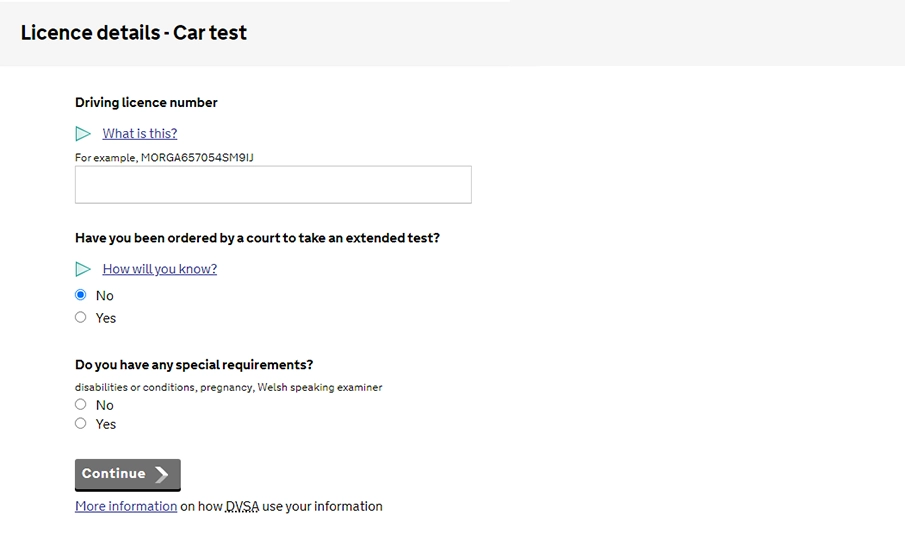 Fill in necessary info about your licence for Driving Test